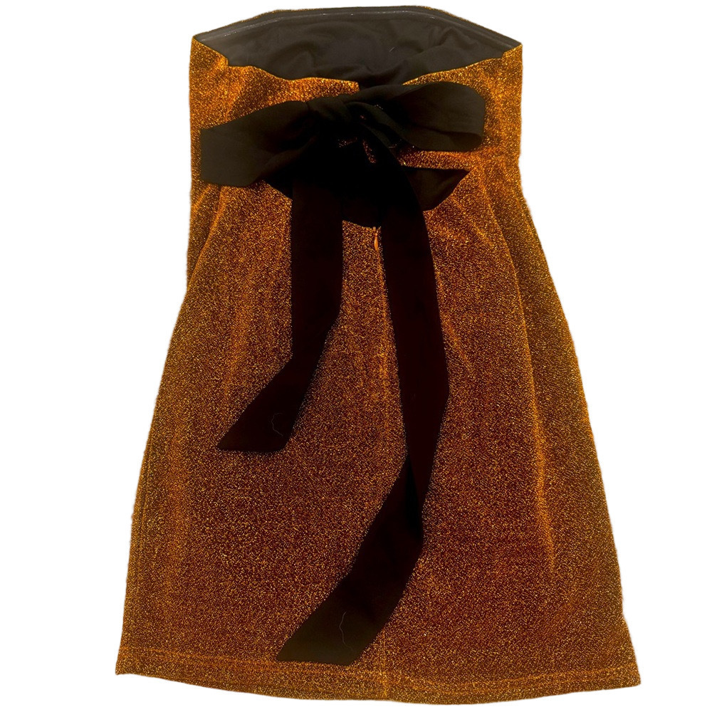 Brown shimmery strapless dress with black tie back